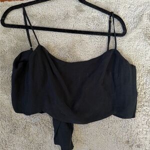 J Crew Linen Black Cropped Tie Back Top